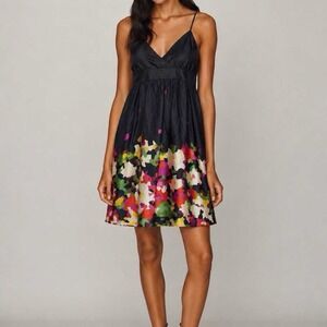 THEORY Fit & Flare Dress Silk Size 2 Navy Blue Abstract Floral Spaghetti Strap